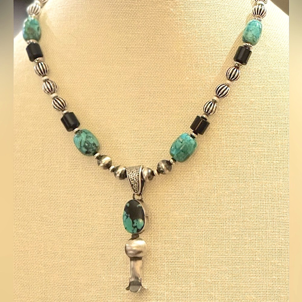 Tia Long Sterling Silver Navajo Pearls Turquoise Squash Blossom Necklace